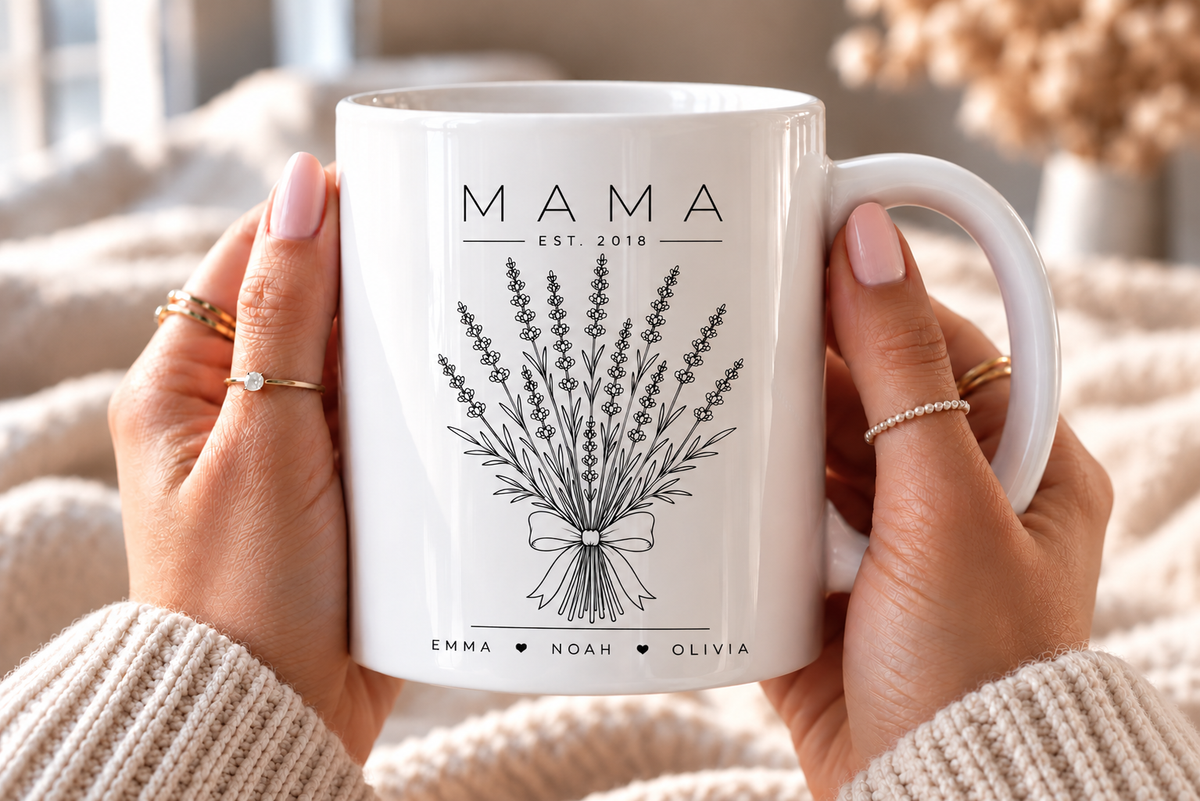 Personalized lavender Mama mug with established year and kids names