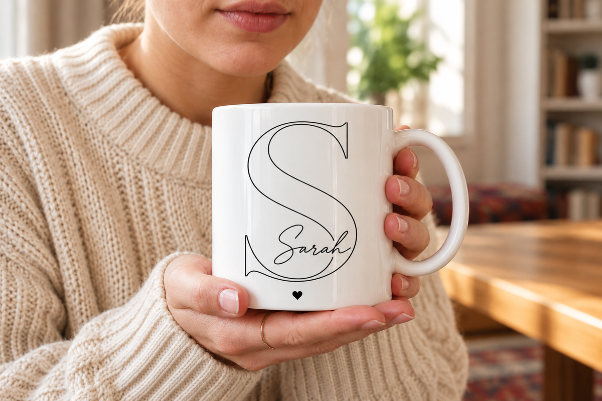 Personalized initial mug with custom name and heart
