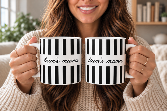 Personalized Mama mug with child name and black striped design